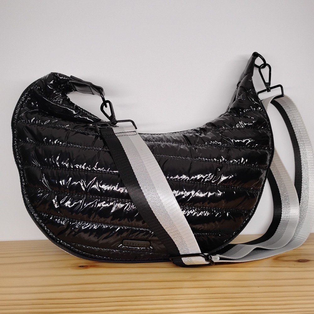 BCBGeneration Patent Puffer Hobo Crossbody Bag Removable Strap Silver Black